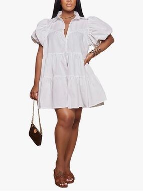 Cute Babydoll Dresses Loose Puff Sleeves Ruffle Hem Button Down Pleated Dress